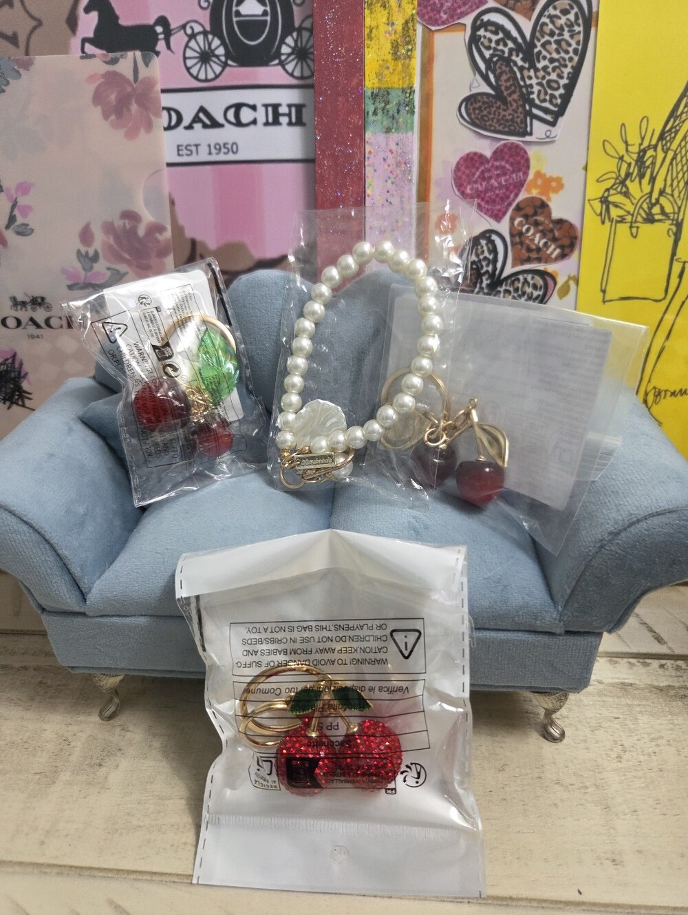 (4) Red Cherries & Pearl Keychain/Bag Charm Set with Gold Hardware, NEW